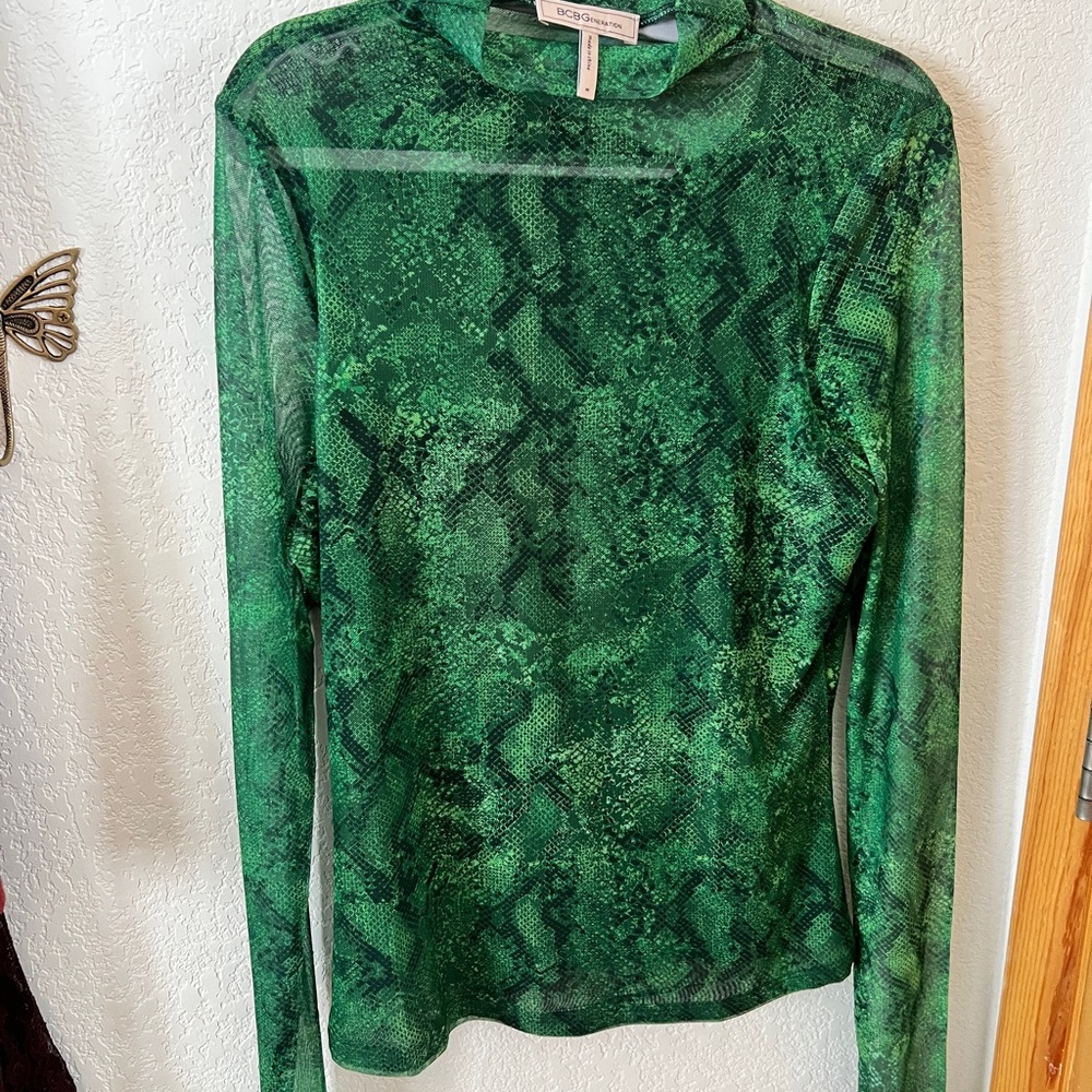 Mesh Green Snake Print Top BCBG